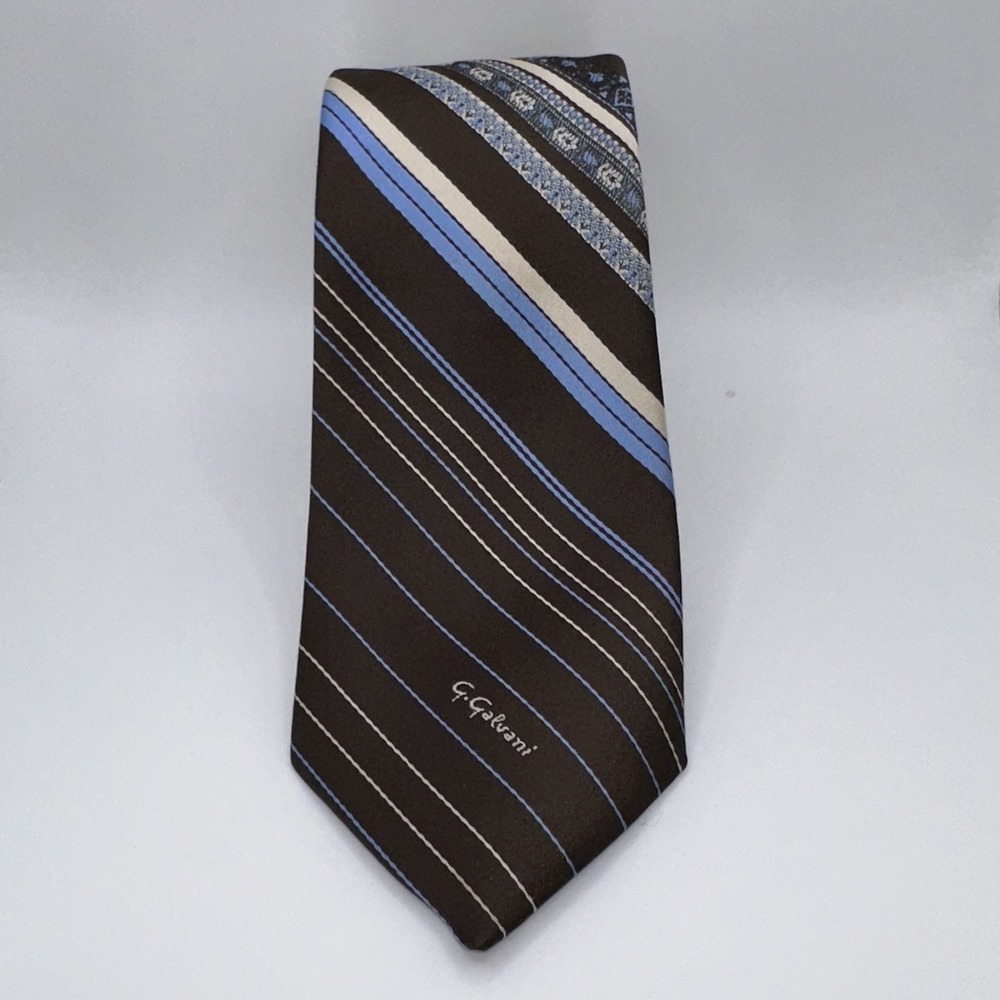 G. Galvani Tie Designer Striped Italy OS Brown Blue Woven Classic Excellent